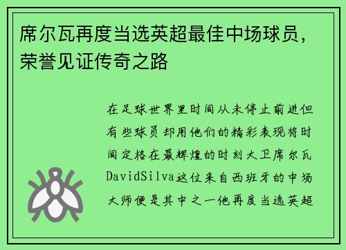 席尔瓦再度当选英超最佳中场球员，荣誉见证传奇之路