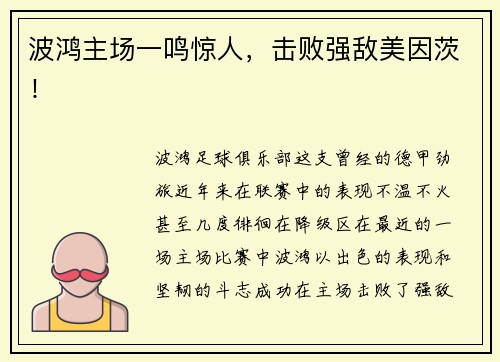 波鸿主场一鸣惊人，击败强敌美因茨！