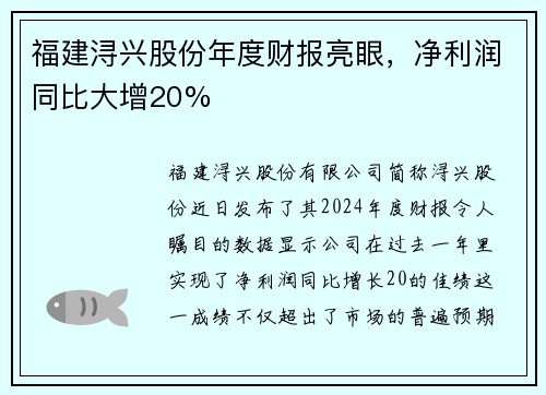 福建浔兴股份年度财报亮眼，净利润同比大增20%