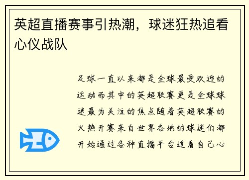 英超直播赛事引热潮，球迷狂热追看心仪战队