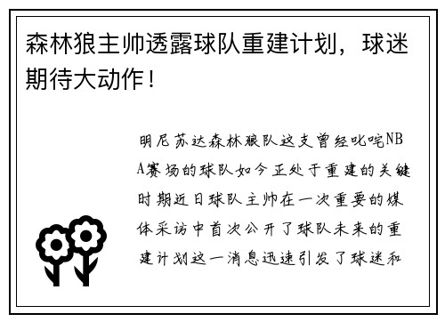 森林狼主帅透露球队重建计划，球迷期待大动作！