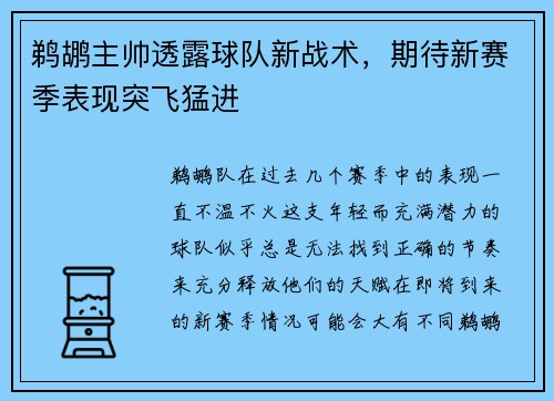鹈鹕主帅透露球队新战术，期待新赛季表现突飞猛进